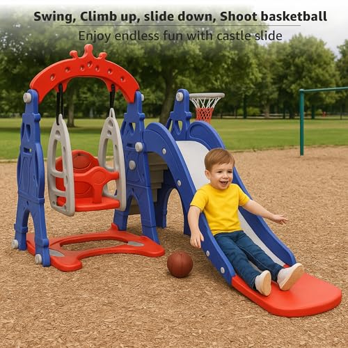 Image of Amazon Brand - Solimo 3-in-1 Garden Castle Slide & Swing for Indoor & Outdoor Use | for Kids 2-8 Years Old | Safe & Fun | Ideal for Boys & Girls | Toy for Kids | Easy Assembly, Multicolor