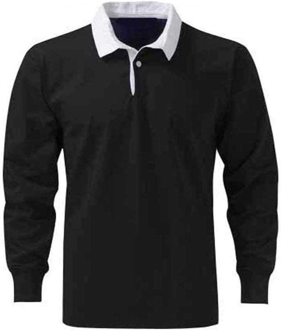 Mens Premium Cotton Rugby Shirts - SPORT WORK CASUAL - Size M - MEDIUM, Color BLACK / WHITE COLLAR