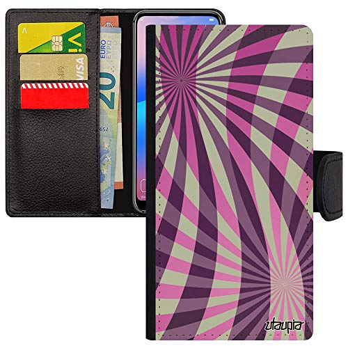Coque iPhone 15 Pro portefeuille avec motif géométrique noir et violet effet cuir