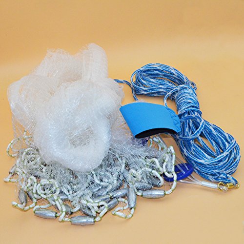 Omonic Handmade American Style Saltwater Fishing Cast Net for Bait Trap Fish with Heavy Duty Real Lead Weights and 40 Feet Handline 3/8inch Mesh Size 4ft 6ft 8ft 10ft 12ft Radius (10 Feet 3/8 Inch)