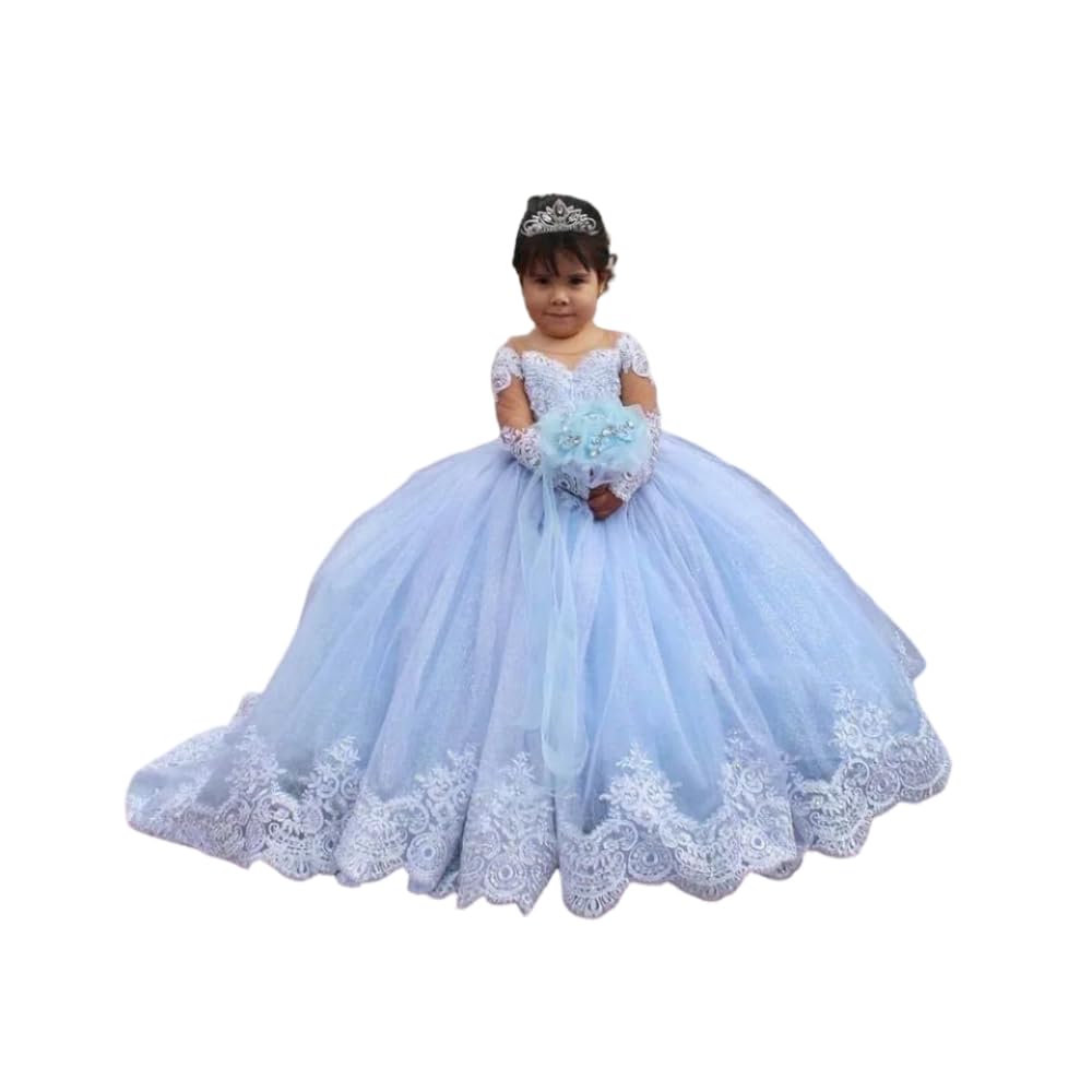 Vestiti da ragazza del fiore blu cielo per abiti da ballo di nozze abito da ballo in pizzo maniche lunghe
