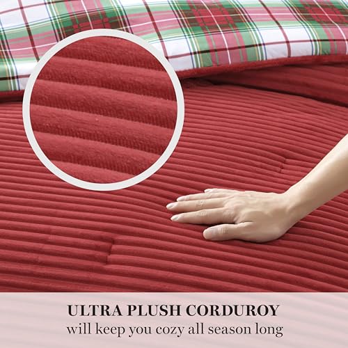 Image of Martha Stewart - King Comforter Set in Red, Reversible, Cute, Wide Corduroy Plaid Bedding Set - 3 Pieces - All Seasons, Lightweight, Fluffy with 1 Comforter, 2 Pillow Shams,