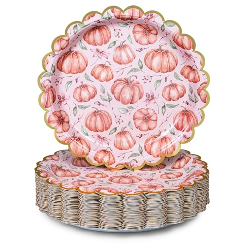 Confettiville Thanksgiving Paper Plates, 50-Count Disposable Thanksgiving Dinner Plates, Scalloped, Party Supplies, Watercolor Pumpkins
