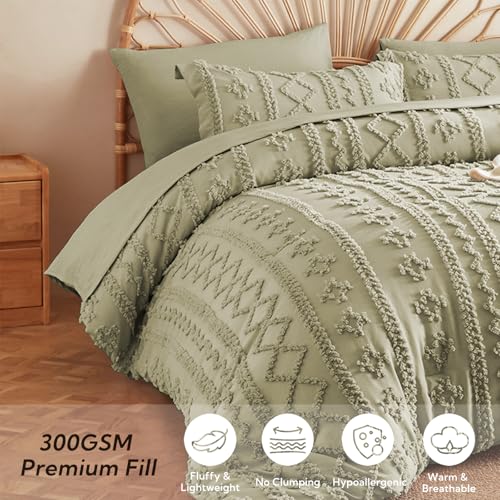 Image of MR&HM Boho Comforter Set King, Sage Green 7 Pieces Bedding Set, Farmhouse Shabby Chic Bed in a Bag with 1 Comforter, 2 Pillow Shams, 2 Pillowcases, 1 Flat Sheet, 1 Fitted Sheet for All Seasons