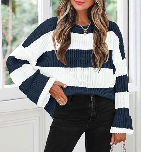 Image of ZESICA Women's 2026 Fall Long Sleeve Oversized Striped Color Block Comfy Loose Crew Neck Knitted Pullover Sweaters