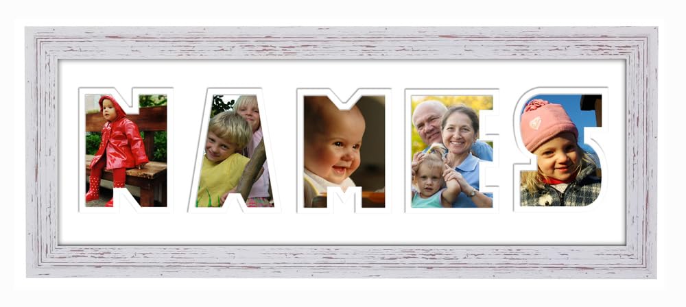Personalised 3 to 7 Letters Word Photo Frame Name Word Frame Birthday Picture Gift Present (Shabby Chic Finish Frame White Mount White Inside, 5 Letters (Letters only no spaces))