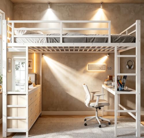 Image of Bellemave Metal Queen Loft Bed Frame with Desk, Storage Drawers,USB,Mirror for Adults,Kids,Teens,White