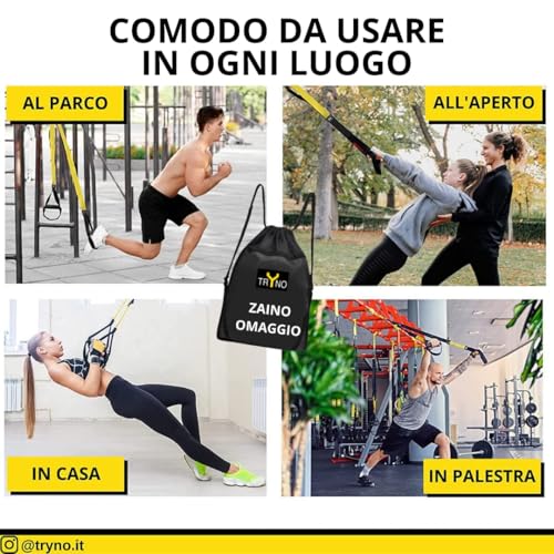TRYNO TRX ITALIANO, Trx Home Fitness, Suspension Training for the Whole Body, Allenamneto in Suspension, Trx Elastic Fitness, Suspension Straps + Backpack (Extendable Yellow) - Image 6