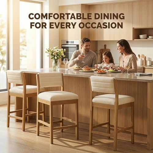 Image of CIMOTA 26 inch H Counter Height Bar Stool, Wooden Bar Stool with Backrest, Linen Upholstered Kitchen Island Stools, 330LBS Load Bar Chair for Kitchen, Cafe, Restaurant