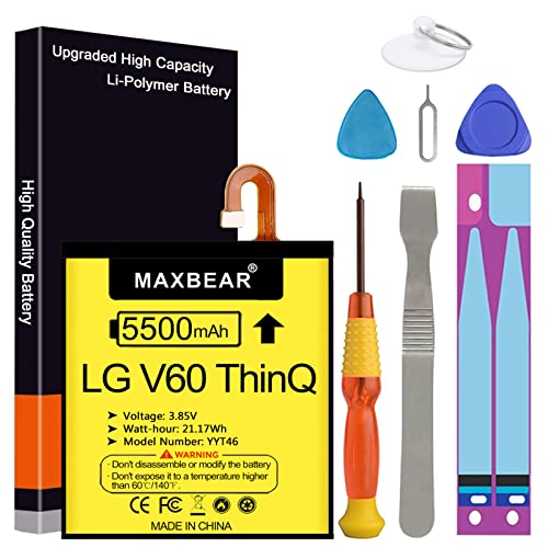 MAXBEAR V60 ThinQ 5G Battery, (Upgraded) 5500mAh 3.85V Li-Polymer Replacement Battery for LG V60 ThinQ 5G BL-T46 LM-V600TM T-Mobile/Sprint/U.S. Cellular with Repair Tool Kit