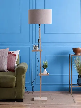 SANDED EDGE - SMARTLY PRICED Miller Double Shelf Floor Lamp in Solid Wood with Natural Wood Color Base and Black Color Shade for Home D?cor and Living Room -Pack of 1