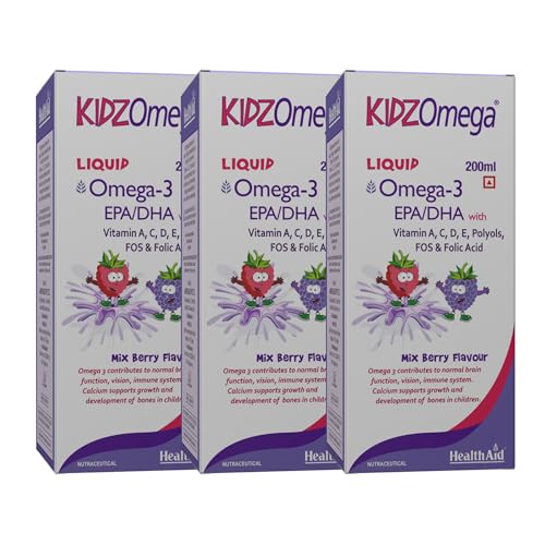 Image of HealthAid KidzOmega Syrup - Omega-3 DHA with Vitamins C, D & E | 200ml Mixed Berry Flavor | Supports Brain, Vision & Immune Health | Easy-to-Take Liquid Supplement for Children(Pack of 3)