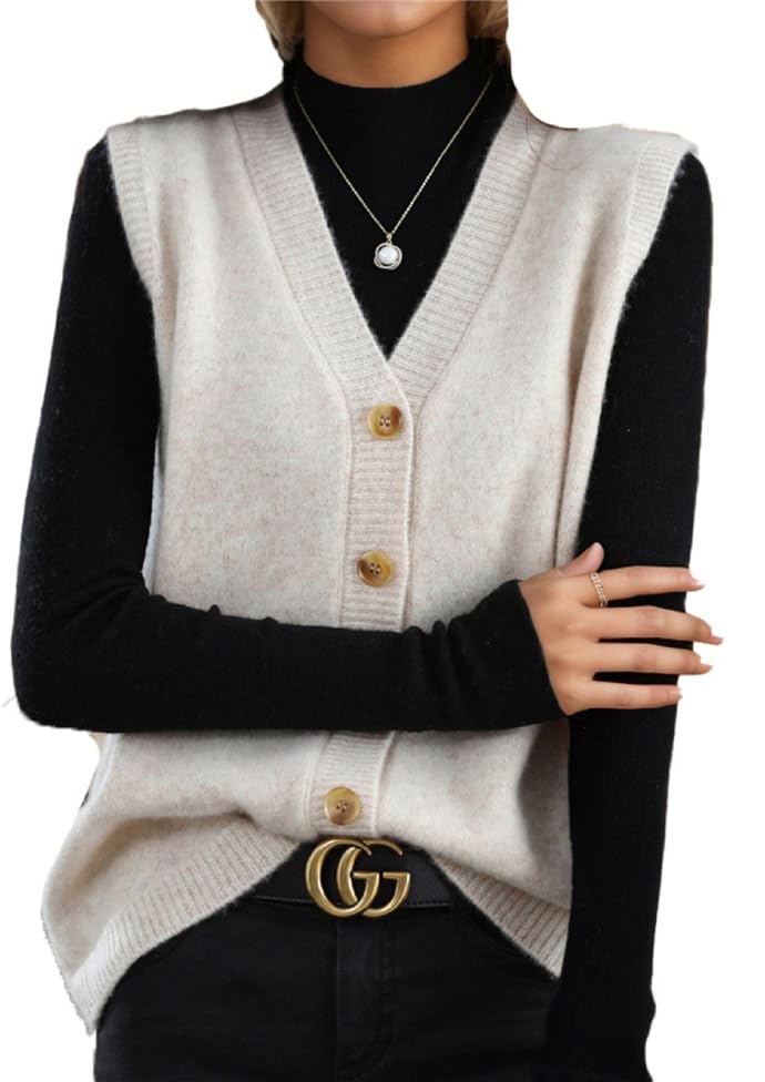 Womens Sweater Vest Fine Knit Dressy Casual V Neck Sleeveless Knitted Sweater Cardigan Button Up Ribbed Tank Jacket for Women