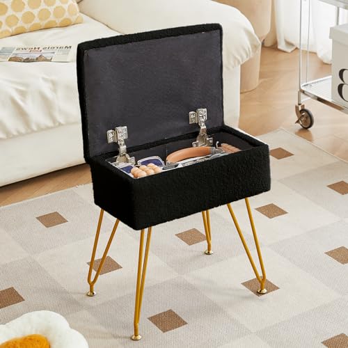 Alessing Vanity Stool Chair Ottoman with Storage, Sherpa Vanity Chair for Makeup Room, Rectangle Vanity Stools with Metal Legs, Soft Makeup Stool Footrest Footstools for Bedroom Living Room, Black Deal