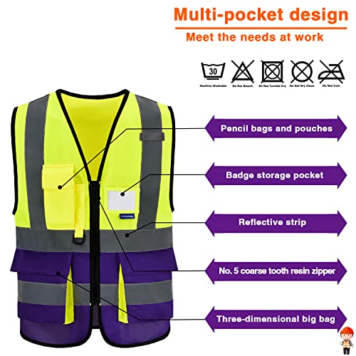 Image of Reflective Construction Vest, 7 Pockets, Zipper, Yellow /Purple, L | Yellow /Purple L work vest with reflective strips, mic tabs and 7 pockets for specialized technicians and laboratory work.