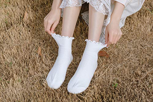 Sryl Women Ankle Socks Ruffle Turn-Cuff,Low Cut Socks Knit Cotton Lettuce Dress Socks (White-4 Pairs,Low Cut) #TOP1