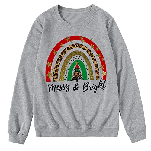 MOMBIY Camisas navideñas informales para mujer, sudadera suave y cálida con estampado de arco iris de manga larga, cuello redondo, sudadera larga y cálida (gris, L), gris, L