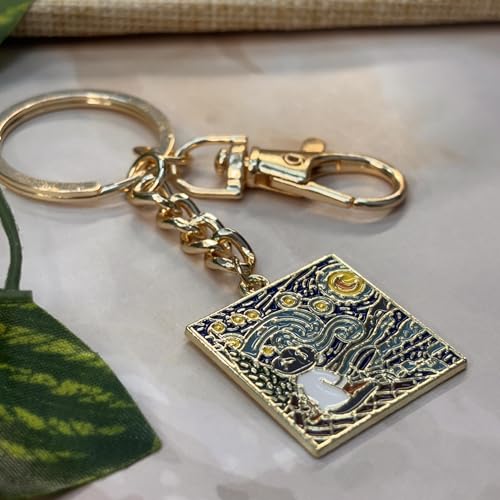 Image of Van Gogh Keychain for Men & Women, Starry Night & Wheatfield Painting Aesthetic Keychains, Handcrafted, Durable Anti-Tarnish Metal Key Ring for Car, Bike, Travel, Bags, Gifting