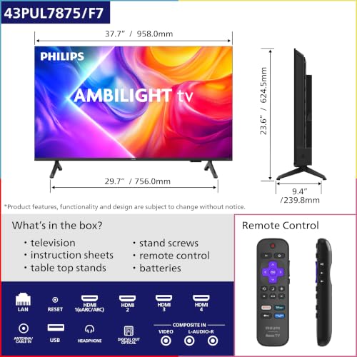 Image of PHILIPS 43 Inch 4K UHD 2160p 7875 Series Ambilight TV, DLED, Bezel-Less Design, Roku OS