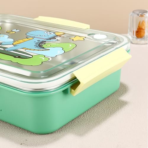 Image of House of Quirk 304 Stainless Steel Kids Lunch Box | Cartoon Design, Leakproof & Odor-Resistant | Portable Bento Box with Compartments for School (Dinosaur Green)