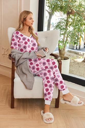 Image of Ekouaer Pajamas for Women Set 2 Piece Fall Lounge Sets Short Sleeve Pjs Joggers Long Pants Sleepwear with Pockets