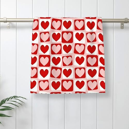 Image of Valentines Day Kitchen Towels Love Pink Red Heart Plaid Dish Towels, 16x24 Inch Holiday Checkered Valentines Decorative Hand Towels Absorbent Dish Cloths for Kitchen Dinner Drying Set of 2