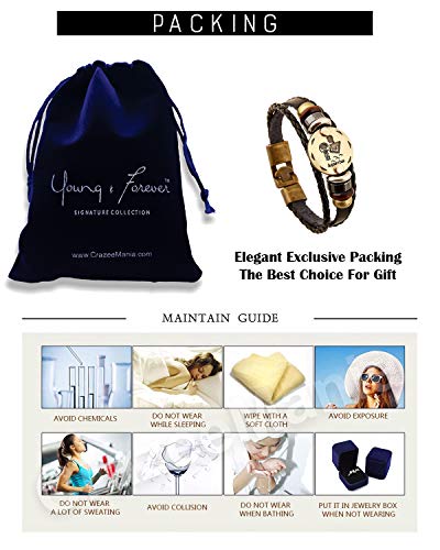 Image of Young & Forever Zodiac Sign Multi-Strand Genuine Leather Bracelet for Men & Boys - Adjustable Tribal Wristband with Antique Metal Charm