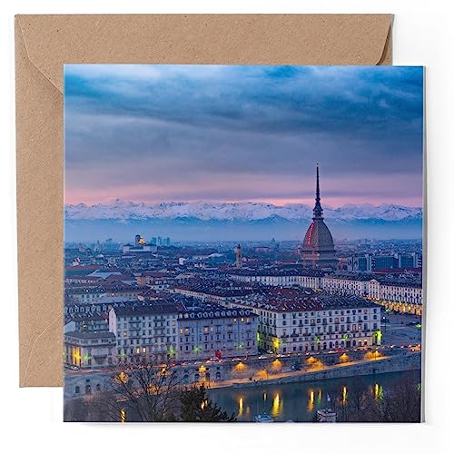 Busta inclusa 1 x Biglietto di auguri – Torino Italia Città Alpi Montagne Tramonto – Bianco Compleanno Celebrazione Anniversario #53504