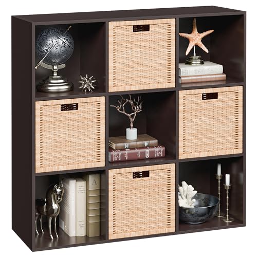 Image of 9 Cube Storage Organizer Wooden Display Storage Shelf W/5 Removable Back Panels&11 inch Opening Shelf, Customizable Cubby Bookcase Cabinet Bookshelves for Office, Living Room and Bedroom, Dark Brown
