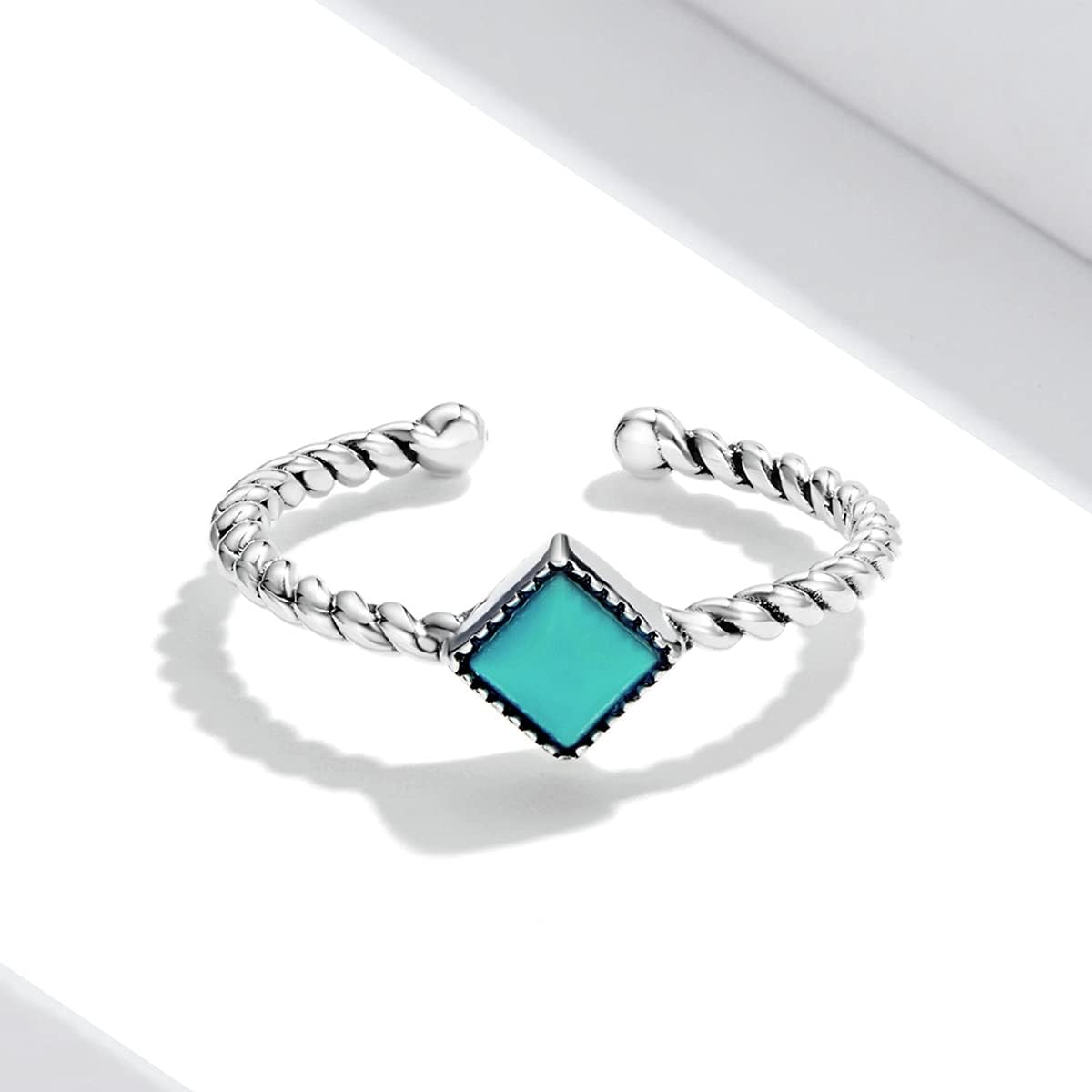 Turquoise Ring Adjustable Open - Sterling Silver Stackable Statement Ring Blue Square Gemstone Twisted Rope Ring Vintage Boho Women Fashion Ring Western Wedding Jewelry Gifts - Image 7