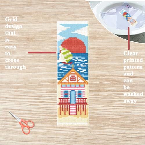 Image of FREEBLOSS 6 PCS Cross Stitch Bookmark Kits for Beginner Summer Beach Scenery Stamped Cross Stitch Kit DIY Embroidery Bookmark Kit with Instructions 8'' x 2.4''