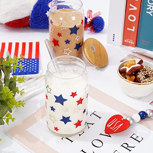 Whaline Patriotic Drinking Glasses With Bamboo Lids And Straw 4Th Of July Beer Can Glasses 16Oz Red Blue White Star Iced Coffee Cups For Independence Day Travel Office Home Gifts, 2Pcs #TOP2