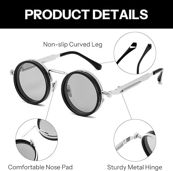 Image of Adjustable Tint Sunglasses, 1-9 Gear Adjustable Polarized Sunglasses with ND Filter Lenses, Round Black Lens for Men & Women, UV Protection for Driving, Fishing, and Outdoor Use.