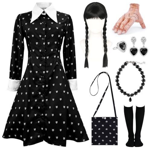 Kitimi Kostüm Kleid Damen Halloween Kostüm Set für Addams Family mit Thin-g Hand Kniestrümpfe Schwarz Kleid Damen Fasching Karneval Cosplay Party Faschingskostüm Damen für Karneval Halloween Party