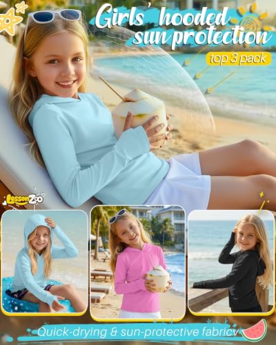 Image of 3 Pack Girls Sun Protection Swim Shirts UPF 50+ Long Sleeve Rash Guard Lightweight Quick Dry Hoodies with Thumbhole