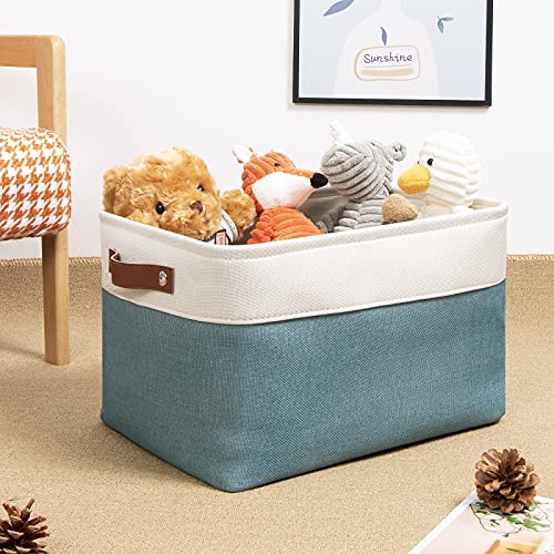 Image of DULLEMELO Fabric Storage Basket for Shelves /Closets, Collapsible Rectangle Basket for Organizing Clothes, Toys, Towels, Books, Laundry, Nursery, Dog Toy Basket Empty (White&Teal)