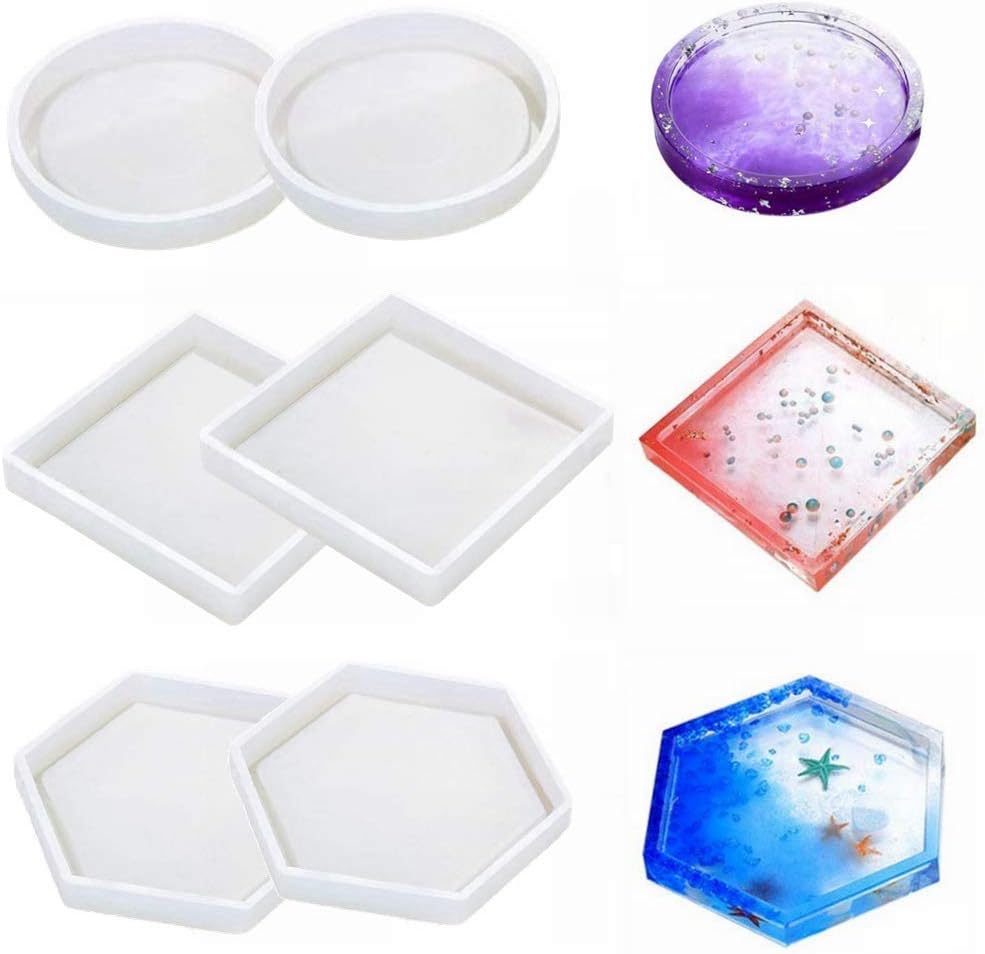 Silicone Resin Molds, 6 Pcs Large Resin Moulds for Jewellery Making Art Epoxy Casting Molds Kit for Concrete, DIY Coaster, Ashtray Square Round, Flower Pot, Candle Soap Holder Resin Supplies