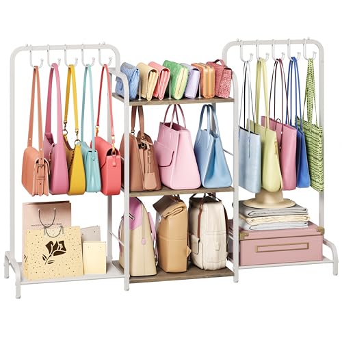 Purse Organizer with 2 Purse Hangers for Purse Storage, High-Capacity Handbag Organizer with 10 Adjustable Hooks and 3 Dividers, Purse Holder for Closet System, Purse Rack Stand for Bag Organization