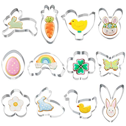 Listenman Set of 12 Easter Cookie Cutter Sets Cookie Cutters Easter Shapes Include Rabbit Chick Egg Flower Carrot Butterfly Clover Flower Duck Rainbow and More Cookie Cutters molds