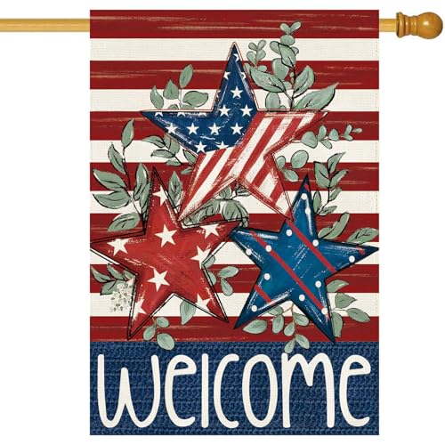 Baccessor 4th of July Patriotic House Flag 28 x 40 Inch Double Sided Burlap Memorial Day Welcome American Stars and Stripes Large Yard Flag Holiday Farmhouse Seasonal Outdoor Outside Decoration