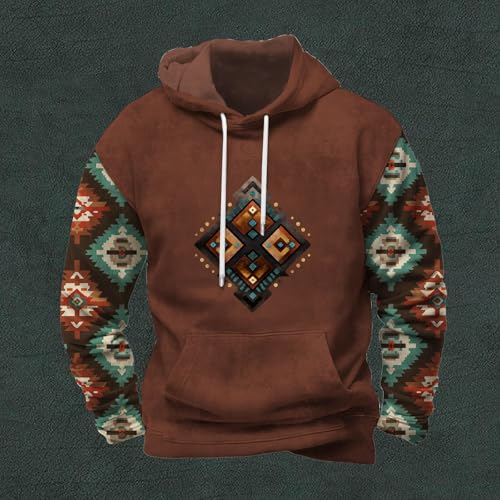 LOAIHA Ethnic Print Hoodie for Men Classic Aztec Graphic Patchwork Tops Hooded Drop Shoulder Loose Sweatshirt with Pocket3