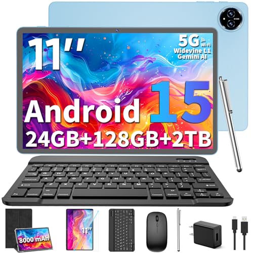 2026 11 inch Tablet, Android 15 Tablets with Keyboard, 24GB+256GB+2TB Expand, Octa-Core, 8000mAh, Tablet PC with 5G/2.4G WiFi, BT5.0, GMS, GPS, 2 in 1 Tablets with Case, Mouse, Stylus(Black Case)