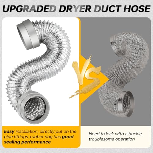 Image of MATEWORK 5FT Dryer Vent Hose 4 Inch, Heavy Duty Aluminum with Rubber Seals | 6-Layer Flexible Duct, Easy Install, Heat Resistant Insulated Exhaust Hose for Tight Spaces, Universal Vent Kit & 2 Clamps