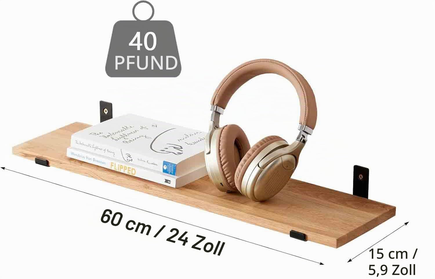 Schweberegal aus Eiche Massiv, Wandregal Holz Regale 60cm Wandboard für Badezimmer, Schlafzimmer, Wohnzimmer, Küche, Office, Waschküche und Rustikale Wandregale zur Aufbewahrung