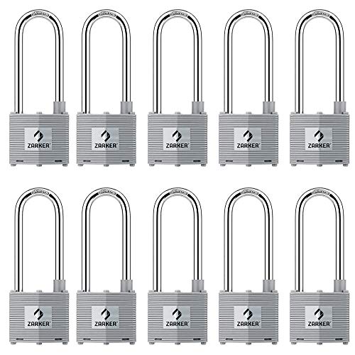 [ZARKER N45L] Keyed Alike Heavy Duty Steel Laminated Padlock with Long Shackle, 1-3/4(45mm) Wide Body - Pack of 10