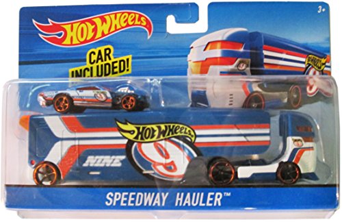 Hot Wheels City Rig - Speedway Hauler Blue, Orange, White Transporter & Car