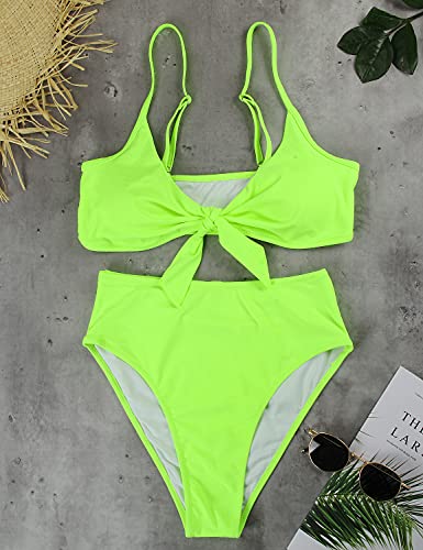 Blooming Jelly Womens High Waisted Bikini Set Tie Knot High Rise Two Piece Swimsuits Bathing Suits (Medium, Neon Green) #TOP5