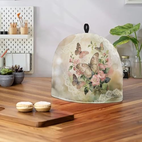 Image of Vintage Butterfly Print Tea Pot Cover Teas Cosy Insulated Tea Cozies Home Kitchen Decoration Teapot Dust Cover Warming Tea Kettle Quilt Creative Gifts for Banquet
