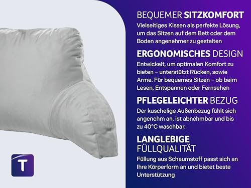 Traumnacht Cozy Bettsitzkissen, Lesekissen, Rückenkissen, hellgrau, Abnehmbarer, waschbarer Bezug aus hautsympathischem Mikroplüsch, produziert nach deutschem Qualitätsstandard