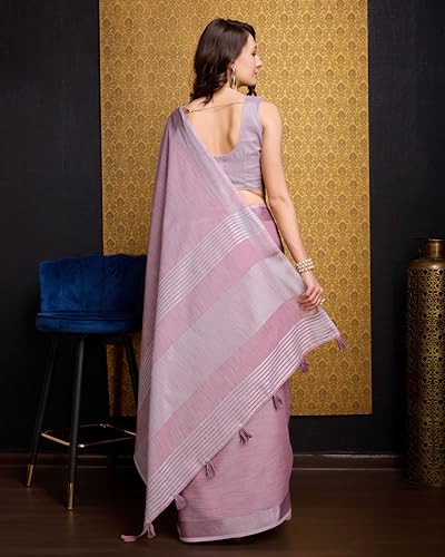 Image of SWORNOF Women's Linen Cotton Silk Saree with Unstitched Blouse Piece | Saree for Women | Saree with Blouse Piece | Soft and Skin Friendly